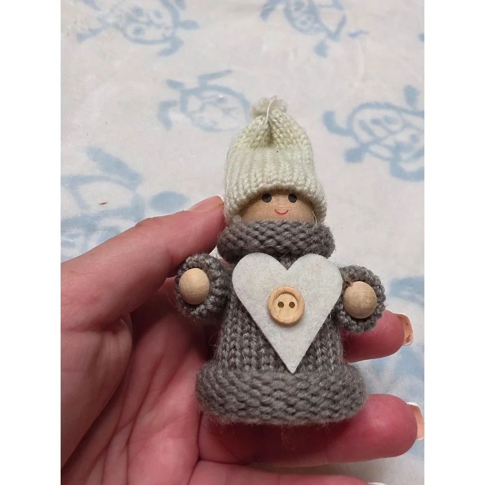 Handmade Wooden Peg Doll Ornament Knit Grey Sweater Heart Button Christmas Decor